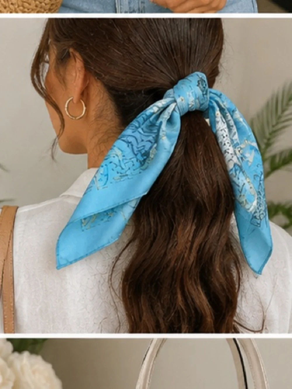 Blue Silk Scarf with Crane and Floral Motif